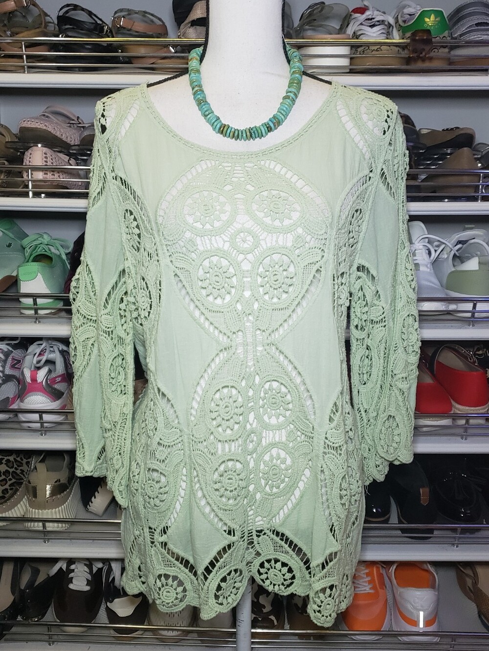 Ultra Pink Sage Green Crochet Lace Tunic Top